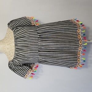 Entro Women's Size S Multicolored Striped Embroidered Boho Tassel Baby Doll Top